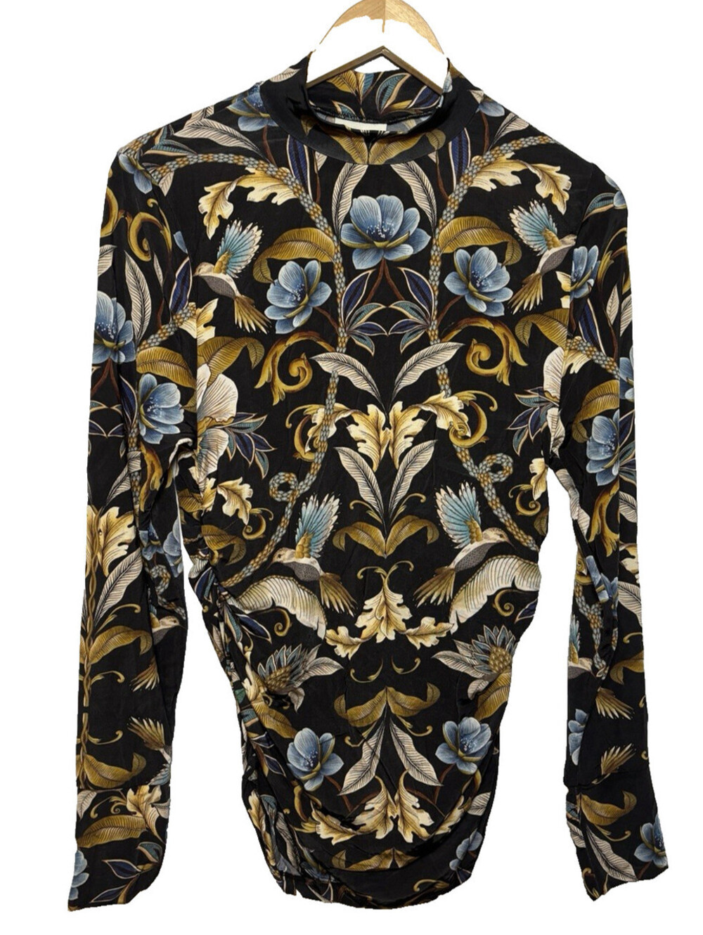 Farm Rio Black Flowerful Garden Jersey Blouse Black Floral Top Mock Neck large